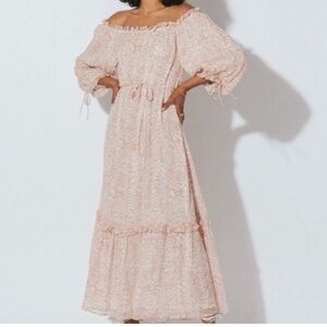 Cleobella Saige Ankle Pink Off-Shoulder poof sleeve ruffle Graduation dress